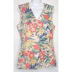 Vintage Carroll‎ Reed Linen Sleeveless Blouse Floral Classic button Women 10